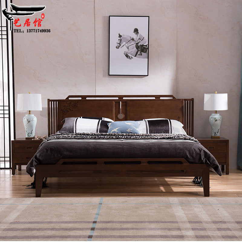 New Chinese Zen solid wood bed hotel club model room double bed 1 8m wedding bed bedroom furniture customization - Taobao