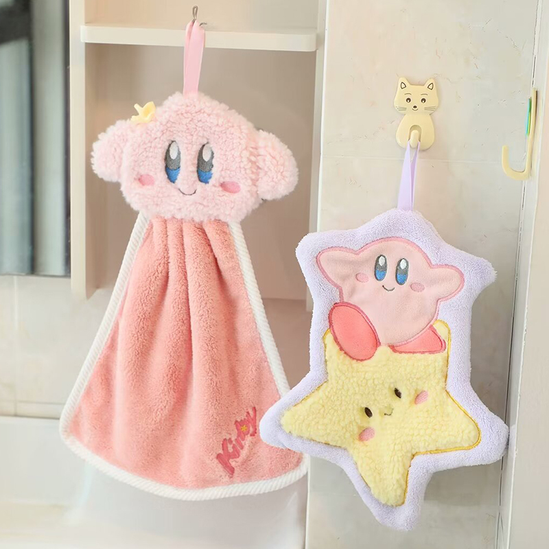 Cute Children's Hanging Hand Towel Kirby Cartoon Absorbent Quick-Drying Hand Wiping Cloth for Kitchen and Bathroom