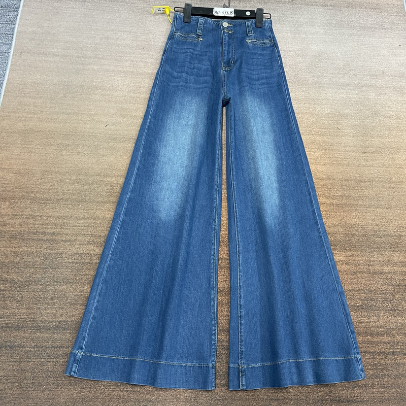 # B11-3758 Blue-Green American-Style No-Waistband 2-Button High-Waist Soft Drape A-Line Wide-Leg Pants Skirt for Women, High Elasticity