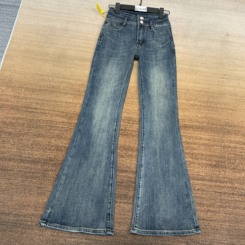 # B7-A5019 Retro Blue American Style 2-Button High-Waisted Slightly Flared Goddess Pants for Women, High Elasticity