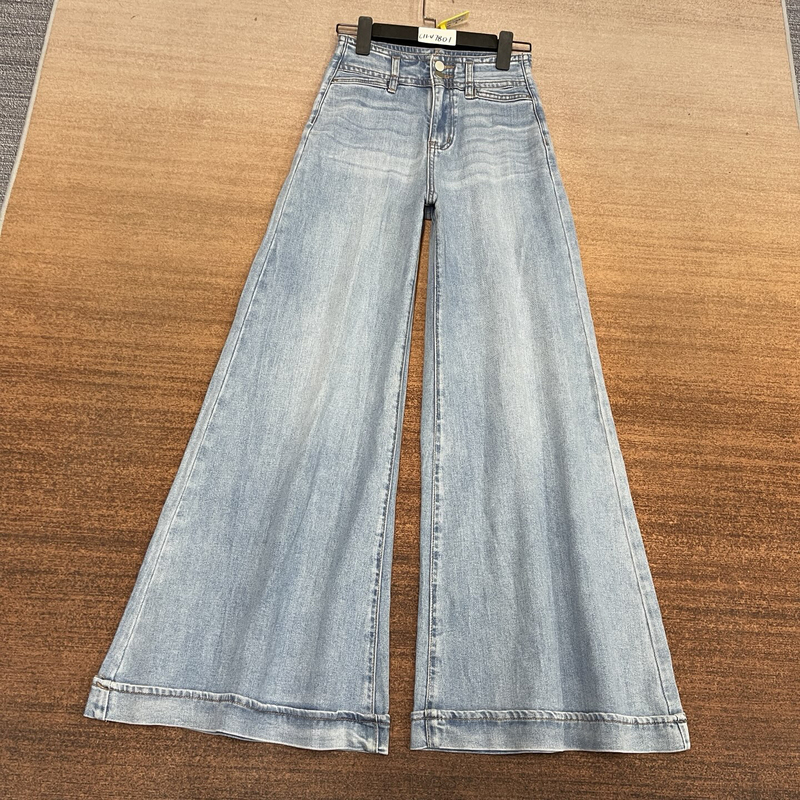 # C11-V7801 High-Quality Light Blue American-Style Two-Button High-Waisted A-Line Wide-Leg Pants Skirt for Women, High Elasticity