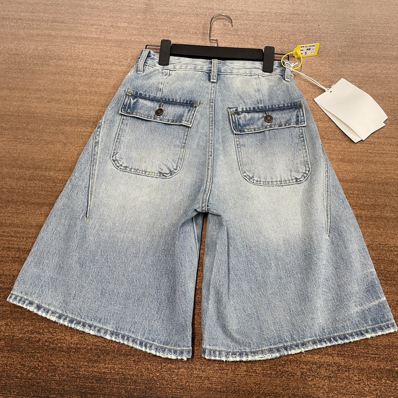 # T2-52360 High-Quality Light Blue Six-Point Length High-End Stylish A-Line Flap Pocket Wide-Leg Pants for Women, Non-Stretch