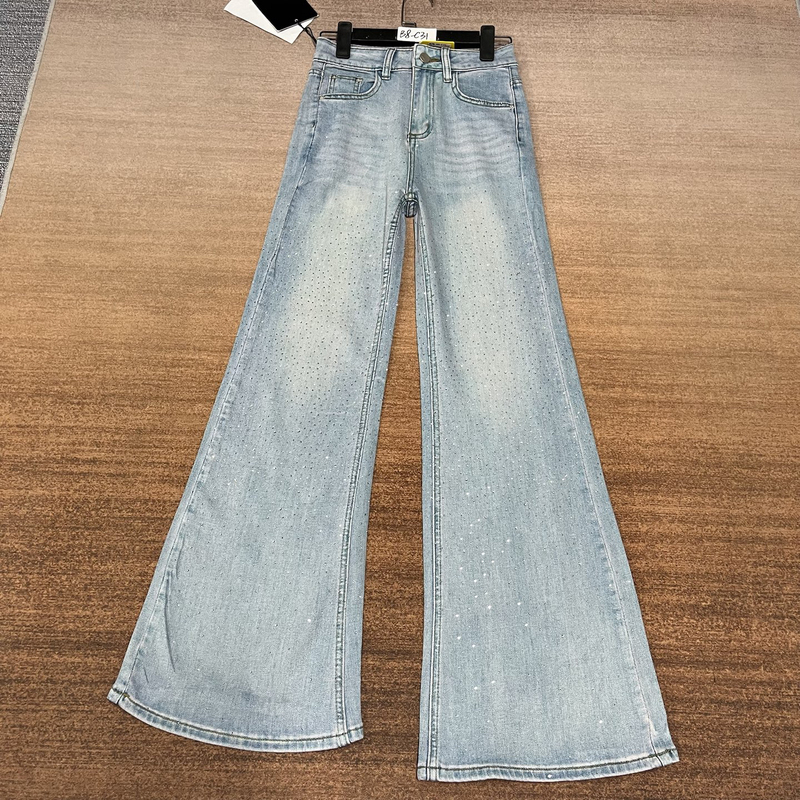# B8-C31 Light Blue American-Style Niche Design Heavy-Duty Sparkling Full Diamond Flare Goddess Pants for Women, Non-Elastic # B8-C31 Light Blue American-Style Niche Design Heavy-Duty Sparkling Full Diamond Flare Goddess Pants for Women, Non-Elastic
