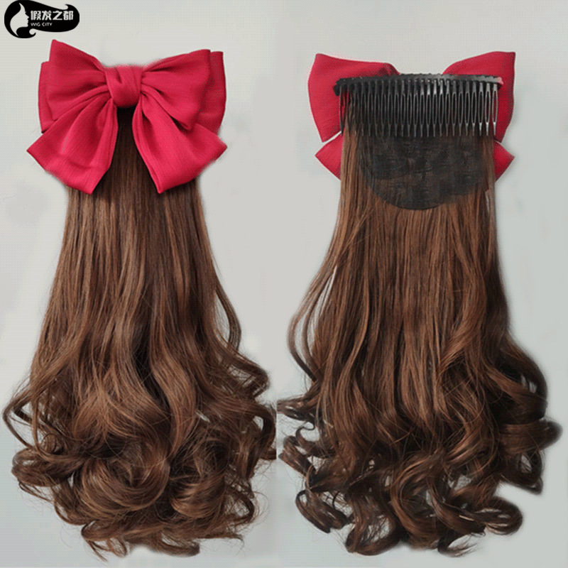 Ponytail wig female bow hair comb long curly hair fake ponytail braid short curly hair big wave fashion pear blossom curly hair