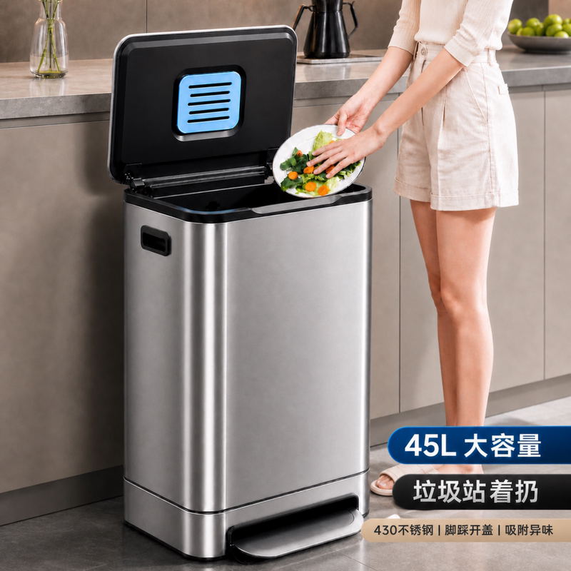 Large Capacity Kitchen Trash Can for Home Use, Living Room, No Bending Required, Light Luxury, High-End, Foot-Operated, Commercial Stainless Steel Large Capacity Kitchen Trash Can for Home Use, Living Room, No Bending Required, Light Luxury, High-End, Foot-Operated, Commercial Stainless Steel
