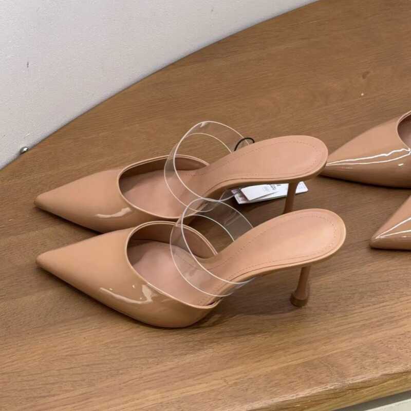 2024 Summer New Patent Leather Nude Stiletto Pointed Toe High Heel Sandals with a Single Strap, Transparent Open Toe, Sexy Women's Mules