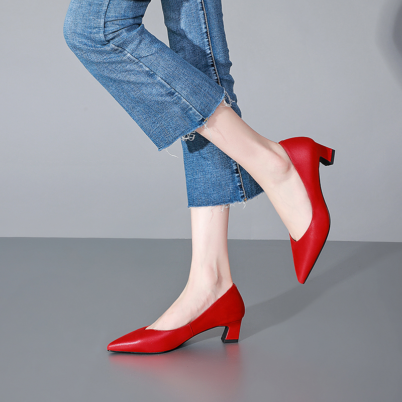Red Pointed Toe Single Shoes for Women 2026 Spring and Autumn New Genuine Leather Shallow Mid-Heel Shoes Fashionable Versatile Chunky Heel 3340 Women's Shoes Red Pointed Toe Single Shoes for Women 2026 Spring and Autumn New Genuine Leather Shallow Mid-Heel Shoes Fashionable Versatile Chunky Heel 3340 Women's Shoes