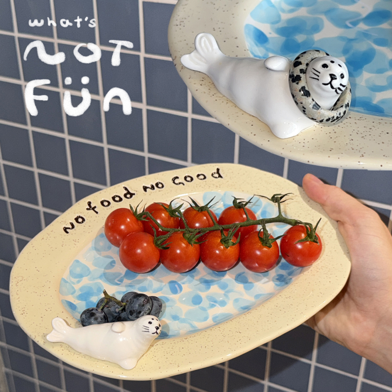 Whats Not Fun Beach Seal Plate Ceramic Shallow Plate Dessert Cake Snack Plate Small Dish Underglaze Color Hand-Painted Whats Not Fun Beach Seal Plate Ceramic Shallow Plate Dessert Cake Snack Plate Small Dish Underglaze Color Hand-Painted