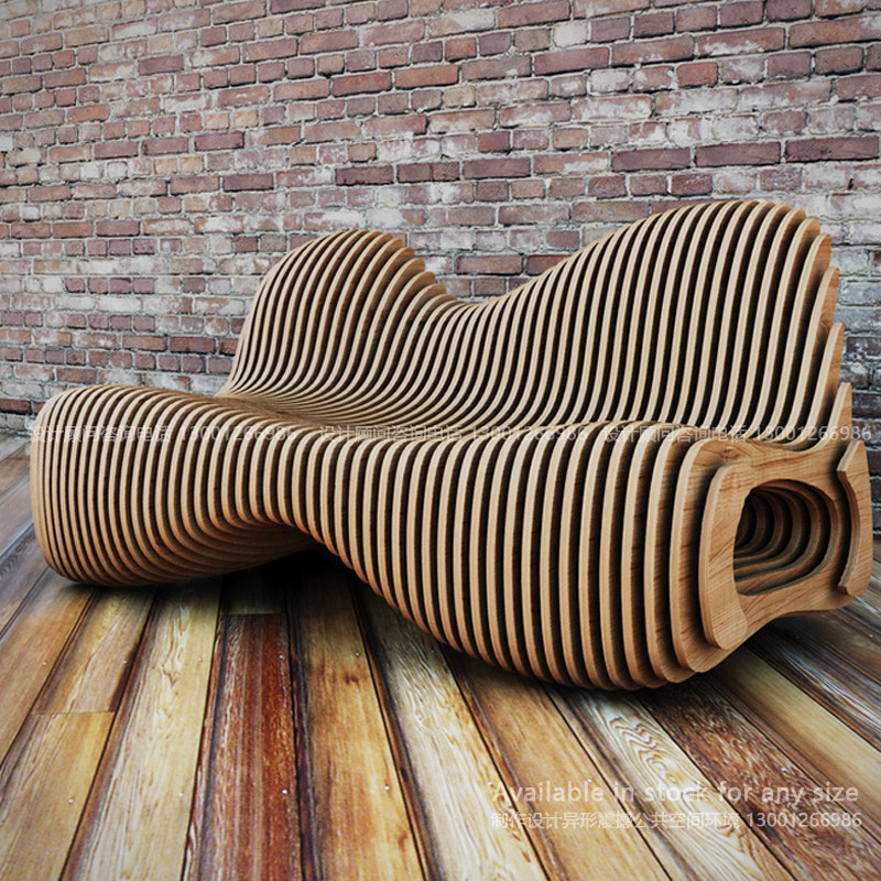 Custom shopping mall leisure seat Mei Chen decoration Hotel lobby Solid wood slice wave-shaped creative seat stool