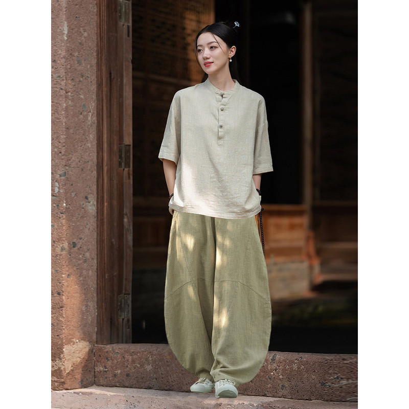 New Chinese Zen Style Buddhist Women's Clothing Linen Outfit Set for Spring and Summer, Loose Cotton and Linen Top and Lantern Pants Two-Piece Set