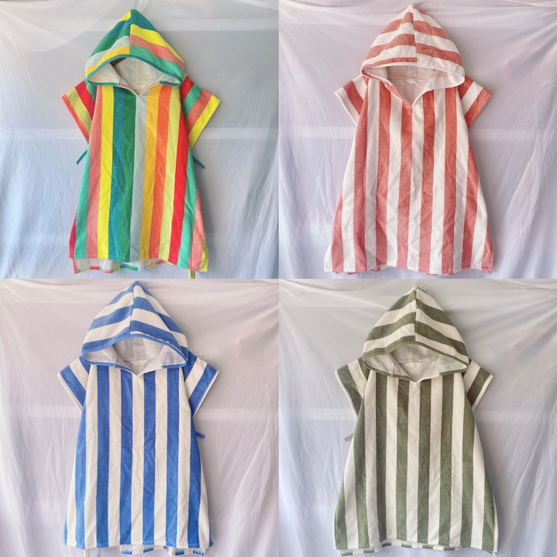 Super Soft Classic Striped Pure Cotton Wearable Children's Absorbent Bath Towel, Hooded Poncho for Bathing and Swimming for Boys and Girls