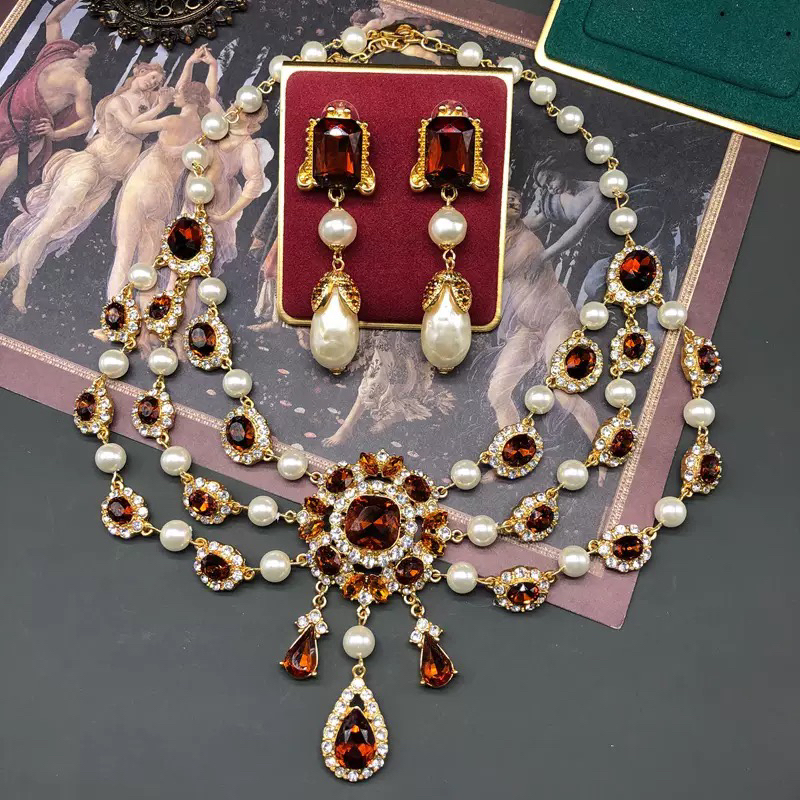 Retro Palace Style Rhinestone Baroque Earrings Studded with Diamonds and Pearl Drop Necklace Retro Niche Design Set