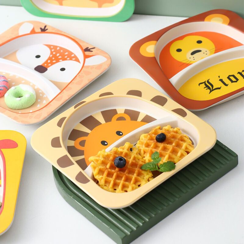 Children's Dining Plate with Compartments, Cartoon Cute Design, Anti-Scald and Anti-Drop, Small Bear Bowl and Plate Tableware Set for Infants and Toddlers