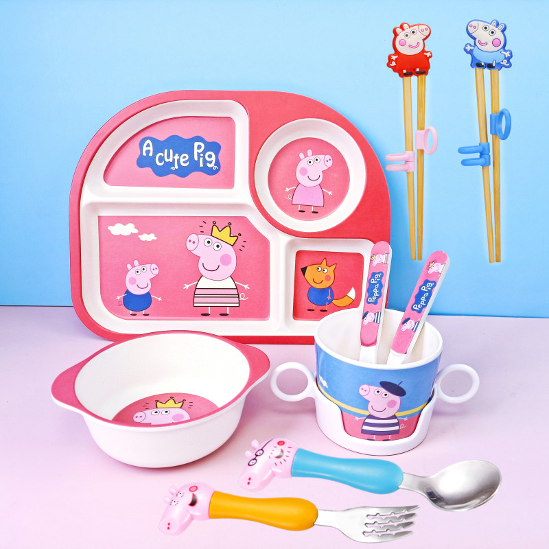 Bamboo Fiber Children's Divided Plate, Anti-Fall Baby Learning Plate, Bowl, Spoon, Kindergarten Cartoon Peppa Pig Tableware Set Bamboo Fiber Children's Divided Plate, Anti-Fall Baby Learning Plate, Bowl, Spoon, Kindergarten Cartoon Peppa Pig Tableware Set
