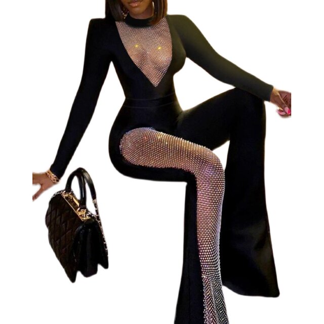 RhinestoneFishnetPatchFlaredLegJumpsuit hollow mesh jumpsuit