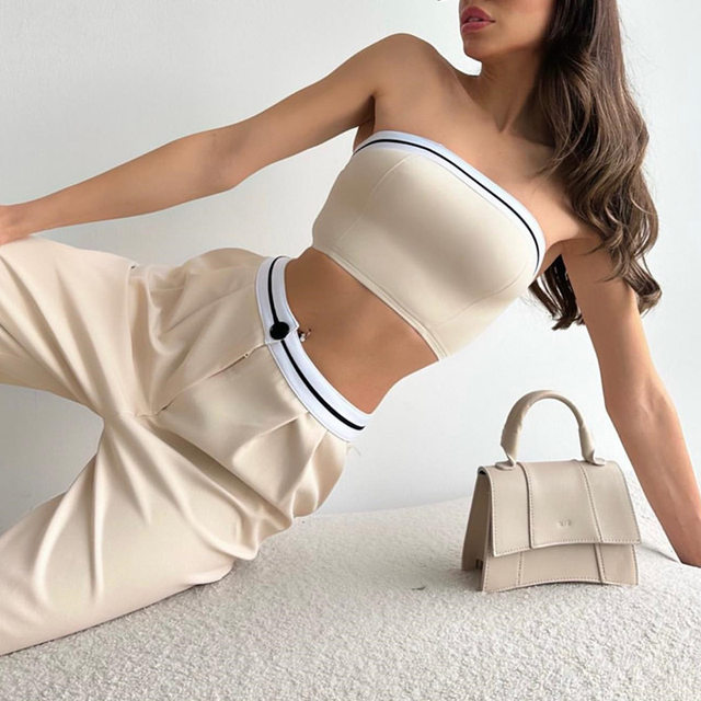 WomenSexyTwoPieceSets vest tube top contrast color high waist wide leg trousers casual suit for women