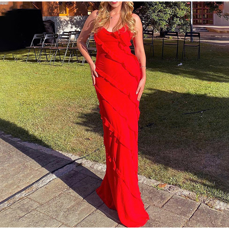 Strap Open Back Split Ruffle Dress dress