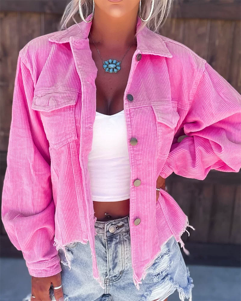 Pink short button long -sleeved jacket Corduroy Distanced Buttoned Shacket