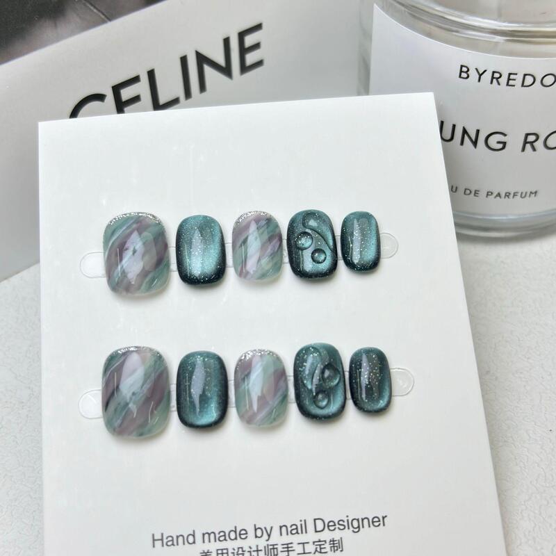 Green Water Qingchuan Handmade Wearable Nails Finished Nail Pieces Short Style Manicure Brightening Removable Fake Nail Stickers Cat Eye Green