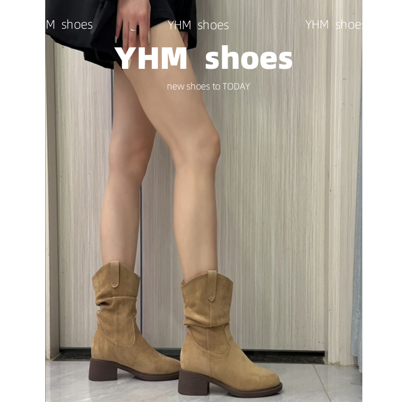 Meilade Round-Toe Chunky Heel Height-Increasing Short Boots for Women 2025 New Suede Wasteland Style Pleated Western Slouch Boots Meilade Round-Toe Chunky Heel Height-Increasing Short Boots for Women 2025 New Suede Wasteland Style Pleated Western Slouch Boots