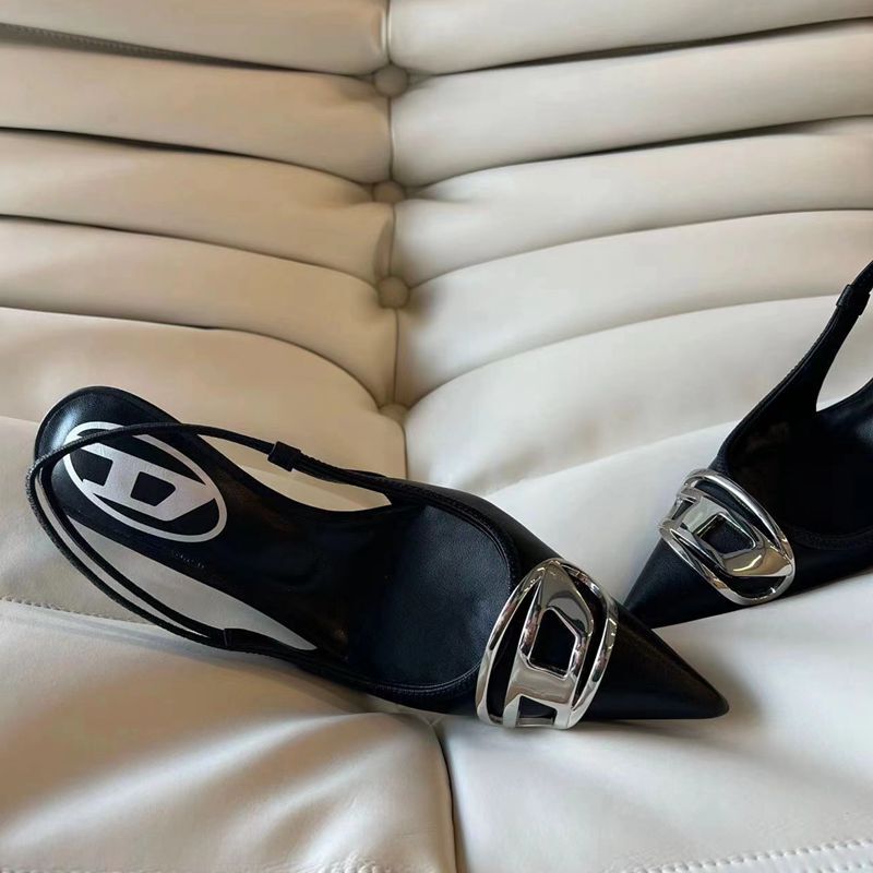 2025 Spring New Model Celebrity High Heels Silver Pointed Toe Thin Heel Metal Buckle Backless Black Single Shoes Women's Work Shoes