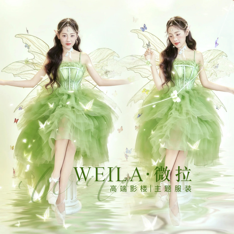 Fairy Dreamy Style Photography Studio Clothing Sweet Girl Photo Art Portrait Green Tube Top Mid-Length Skirt Colorful Tulle