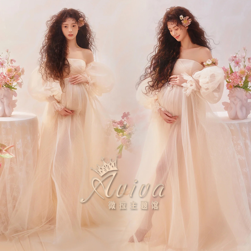 New Beautiful Pregnant Mother Photo Studio Shooting Clothing One-Shoulder Puff Sleeves Champagne Colorful Gauze Dress Maternity Clothing