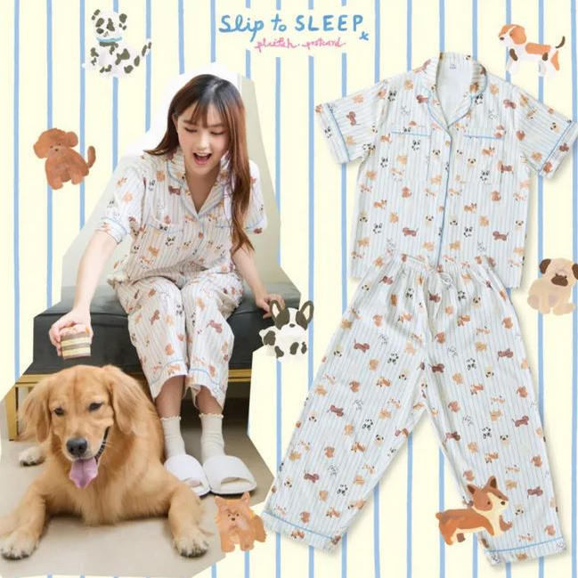 In-Stock Thailand Slip to Sleep Pajama Set, Same Style as Kuan Lingling, Short-Sleeved Long Pants, White Cream Puppy