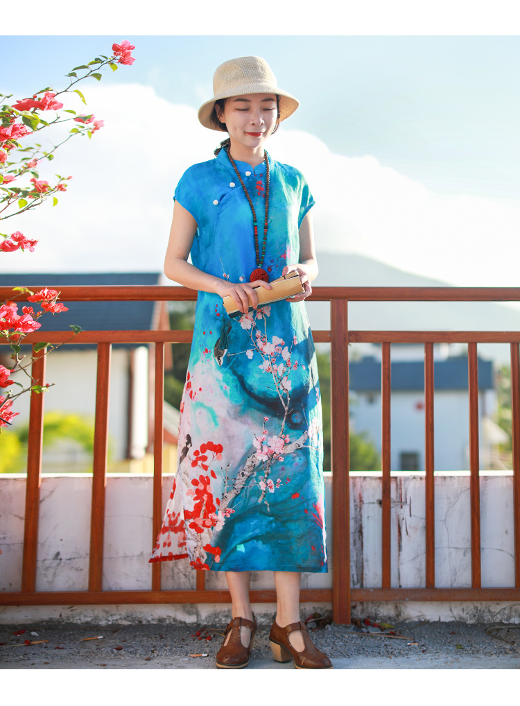 Phong cách quốc gia đầm ramie thuần phụ nữ mùa hè mới giảm béo dài retro Trung Quốc váy dài cải tiến sườn xám - Váy eo cao 	váy suông cột dây eo