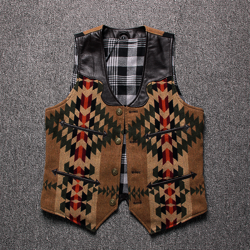 New Genuine Leather Vest for Men, Navajo Style Western Cowboy Vest, Vintage Oil Waxed Leather with Woolen V-Neck Waistcoat
