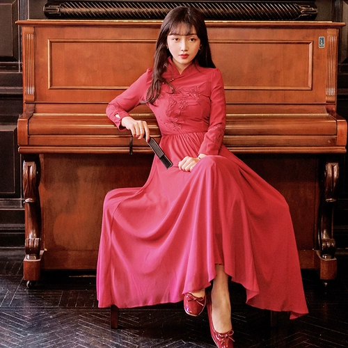 Легкое демисезонное ципао, приталенный ретро красный корсет, светлый стиль