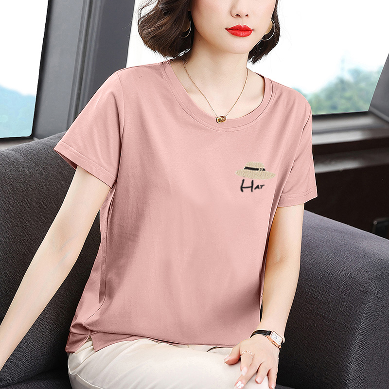 Pure Cotton T-Shirt for Women, Summer Loose Fit, New Style with Slit, Short-Sleeved, Middle-Aged Mom's Top, Fashionable Round Neck, Middle-Aged and Elderly Summer Wear