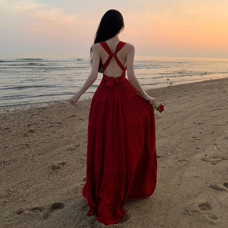 Sanya Travel Red Long Backless Vacation Slip Dress, Stunning Long Beach Dress for Taking Photos