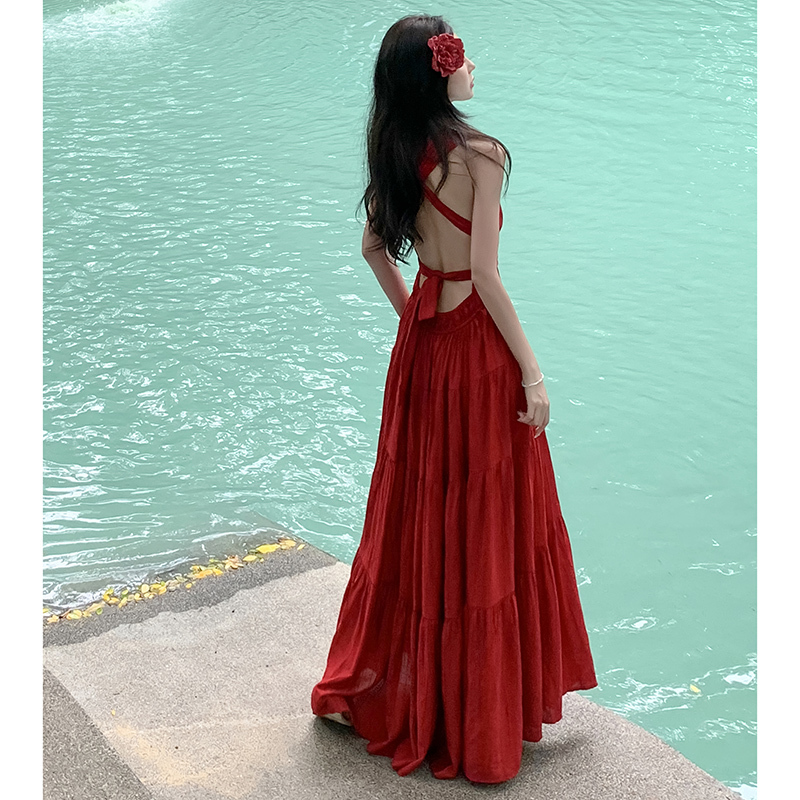 Beautiful Red Backless Long Dress for Travel Photography, Perfect for Island Vacations, Stunning Dress for the Seaside and Beach, Summer Dress