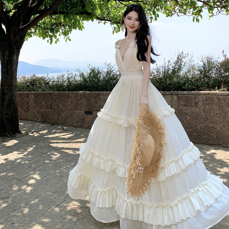 White Super Fairy-Like Travel Photo-Ready Backless Dress, Seaside Vacation Dress, Long and Stunning Beach Dress for Summer