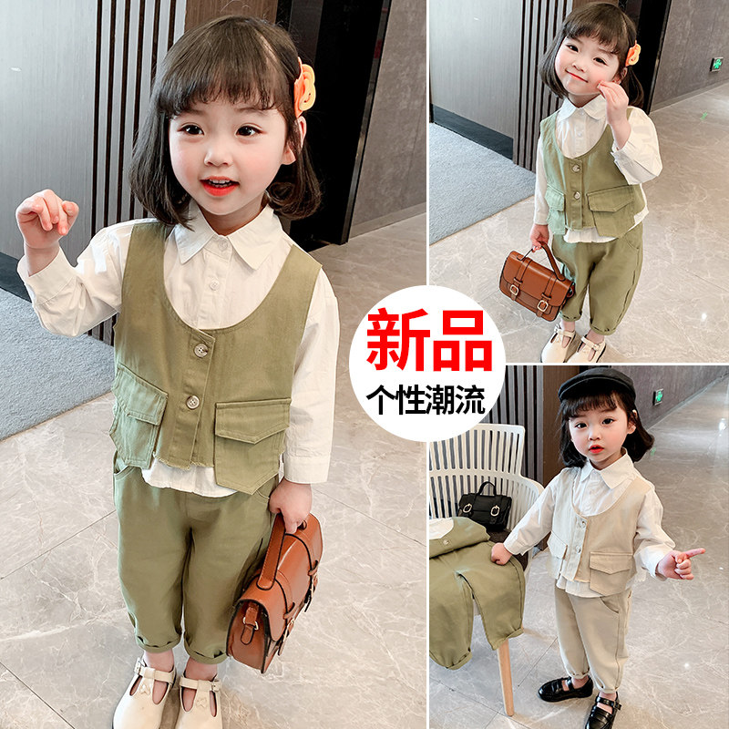 Girls' suits Korean version 2021 spring and autumn new foreign style children's spring clothes baby net red vest shirt three-piece trendy