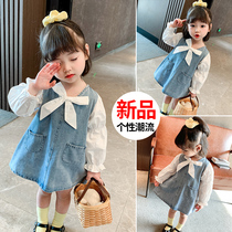 Girls dress 2021 new 3 childrens fashionable denim stitching skirt baby spring and autumn foreign princess long-sleeved tide 6
