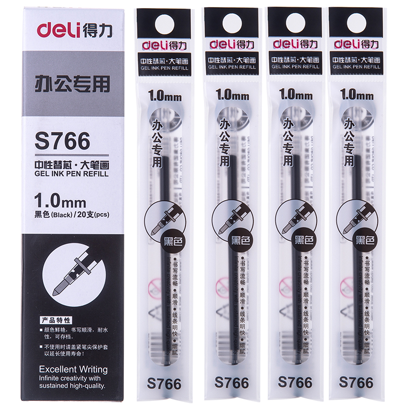 Deli S766 Black Pen Refill 0.7/1.0mm Bullet Tip Gel Pen Refill Large Capacity Office Refill 20 Pieces