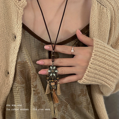 Женское колье с кисточками в богемном коричневом стиле в стиле ретро, ​​цепочка на ключицу в экзотическом этническом стиле, цепочка-подвеска-свитер, длинная версия