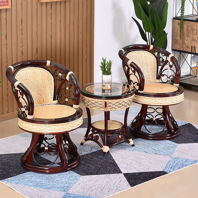 Real Rattan Chair Three Sets Balcony Table And Chairs Single Leaning Back Chair Casual Swivel Chair Small Teng Chair Tea Table Casual Composition