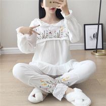 Spring and summer cotton gauze moon clothing pregnant womens pajamas Korean lace thin maternal nursing feeding Home clothing set