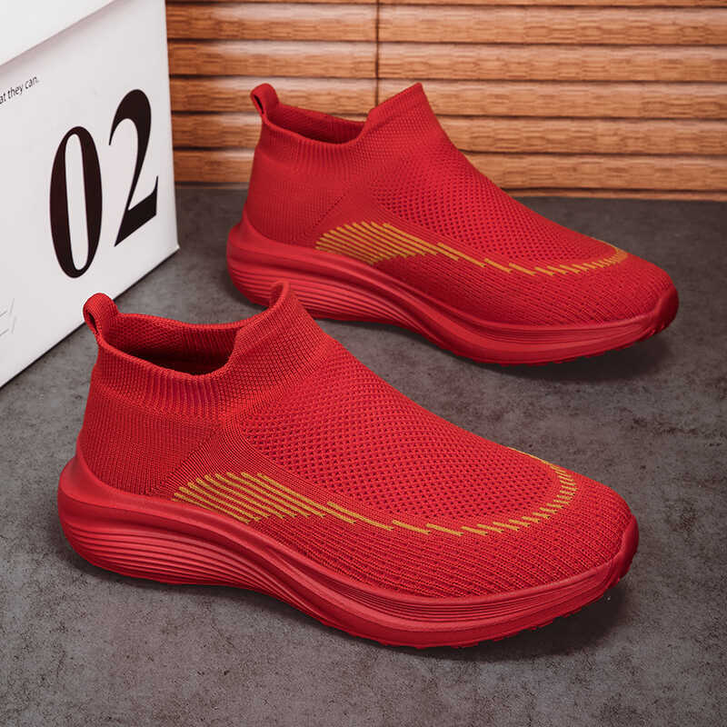 Red Men's Slip-On Comfortable Soft-Soled Sneakers, Couple Style Elastic Casual Shoes, Lightweight Non-Slip Sock Shoes