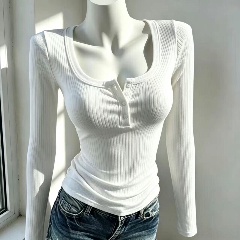 Early Autumn Henry Collar Button-Up Long-Sleeve Base Shirt for Women, U-Neck Slim-Fit Ribbed Cotton T-Shirt Top, Slimming Solid Color Inner Wear Early Autumn Henry Collar Button-Up Long-Sleeve Base Shirt for Women, U-Neck Slim-Fit Ribbed Cotton T-Shirt Top, Slimming Solid Color Inner Wear