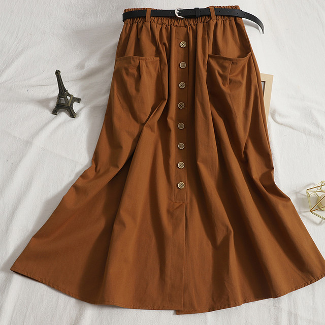 Korean version slim and all-match mid-length A-line skirt women's autumn new style breasted slit pocket solid color tooling skirt