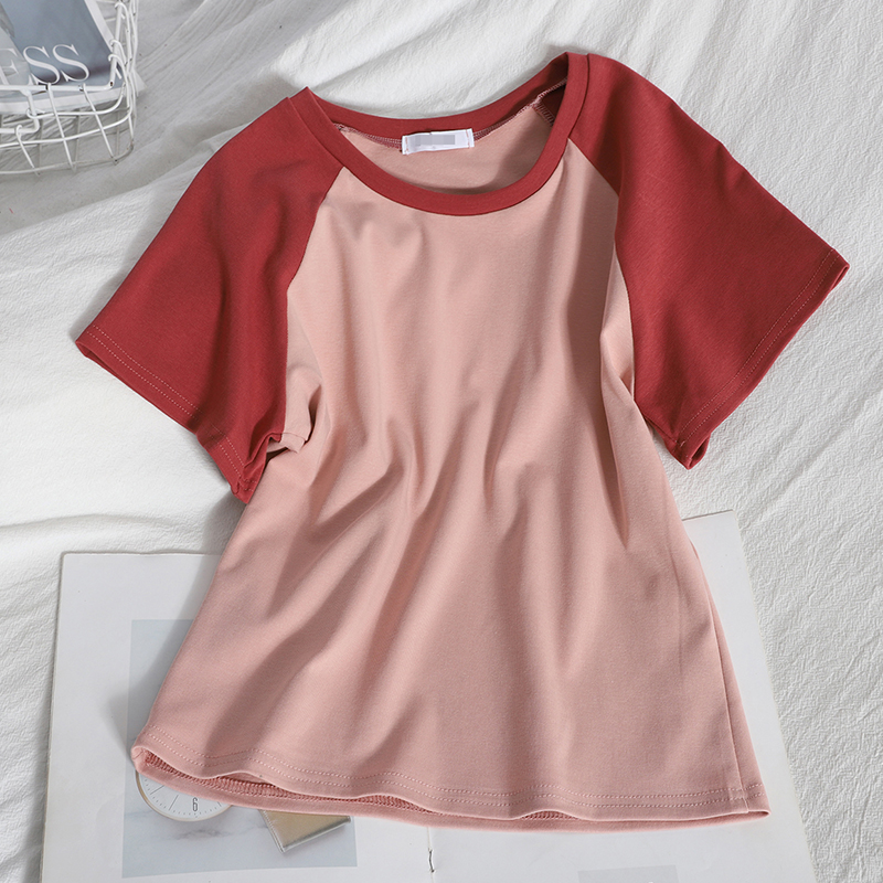 PinkShow thin Korean version Age reduction have cash less than that is registered in the accounts Condom student jacket Spring and summer new pattern fashion Color contrast Crew neck leisure time Short sleeve T-shirt