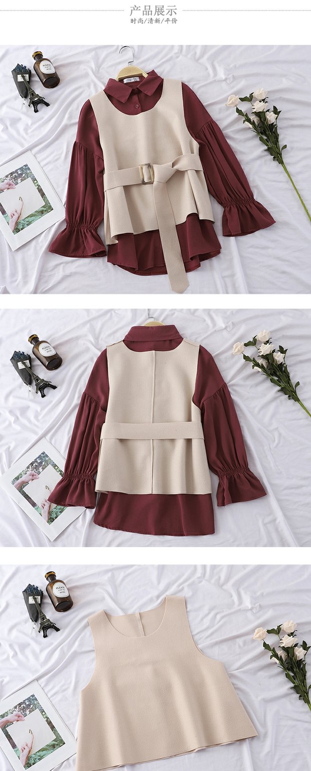 Mùa thu mới Hàn Quốc khí chất tay áo sơ mi với eo vest vest hàng đầu chất liệu phụ nữ hai mảnh phù hợp với thủy triều áo trắng đẹp