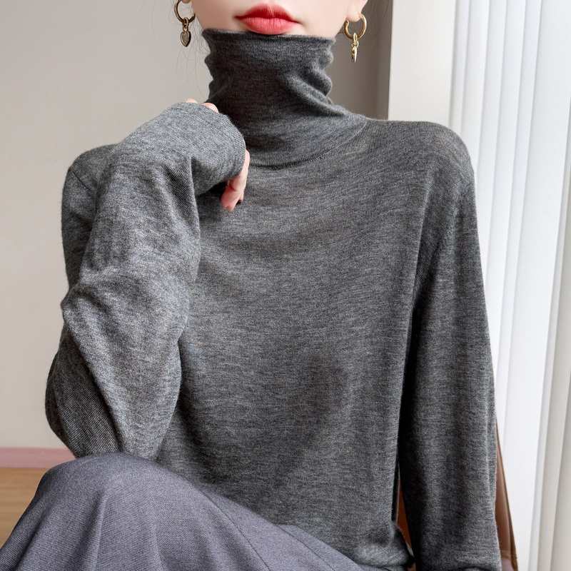2026 Autumn/Winter Water-Soluble Worsted Wool Sweater for Women, High Neck Knitted Long Sleeve Sweater, Loose Fit, Versatile Solid Color Base Layer