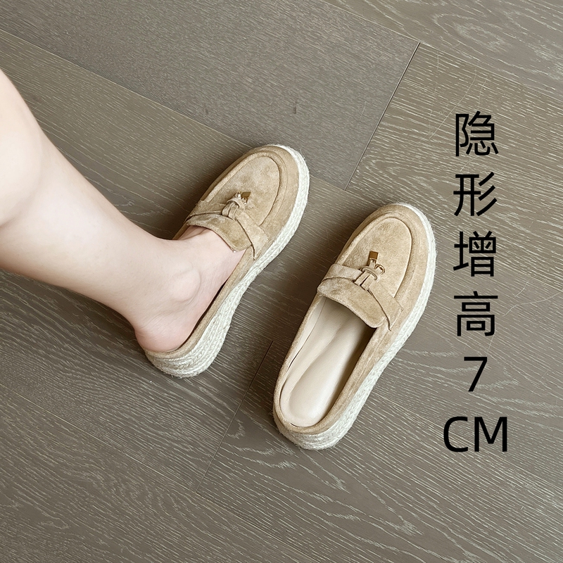 Sheepskin Version ~7Cm Internal Height Increase Woven Retro Slip-On Fisherman Shoes for Women Versatile Niche Thick-Soled Closed-Toe Mules Size 33