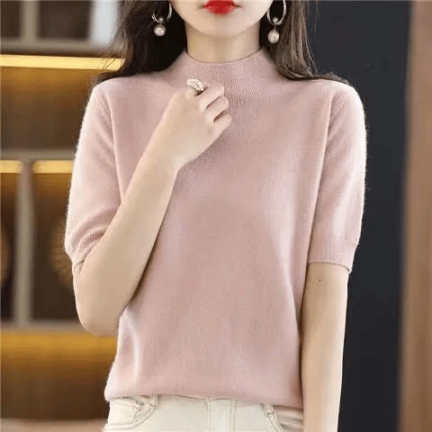 2026 New Spring and Autumn Half-High Collar T-Shirt for Women, Loose and Slimming, Solid Color Sweater, Base Knit Half-Sleeve Top for Women, Thin 2026 New Spring and Autumn Half-High Collar T-Shirt for Women, Loose and Slimming, Solid Color Sweater, Base Knit Half-Sleeve Top for Women, Thin