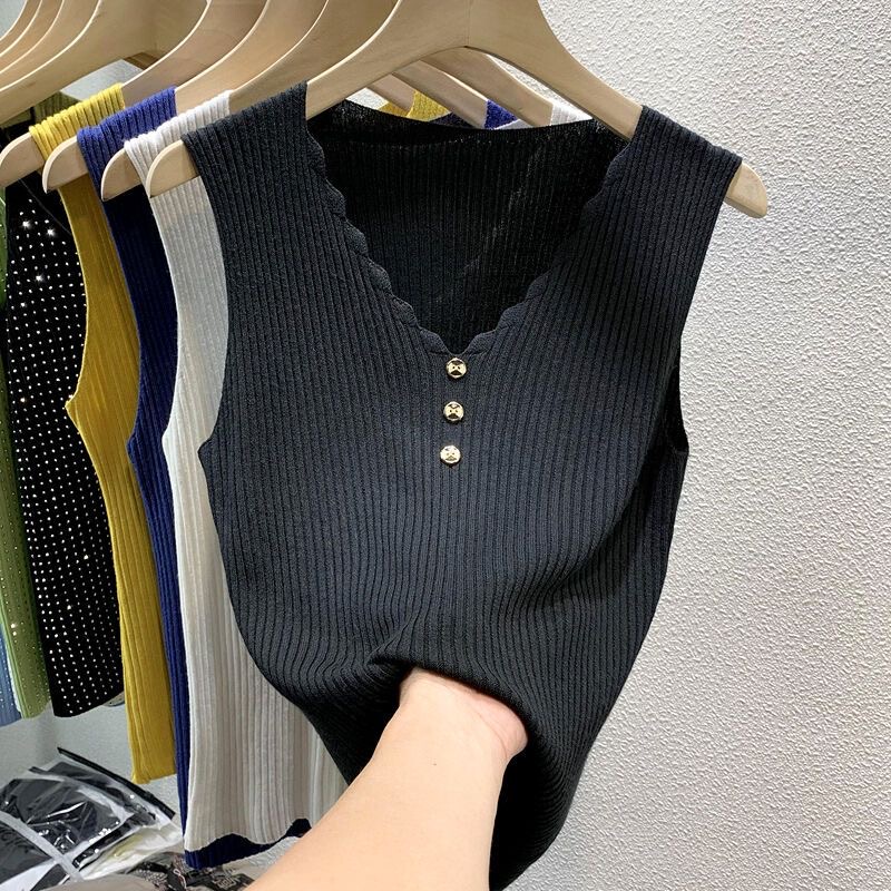 Ice Silk Knitted Camisole for Women, Summer Outerwear, Inner Layer for Suits, Sleeveless V-Neck Slim Fit Top, Trendy Ice Silk Knitted Camisole for Women, Summer Outerwear, Inner Layer for Suits, Sleeveless V-Neck Slim Fit Top, Trendy